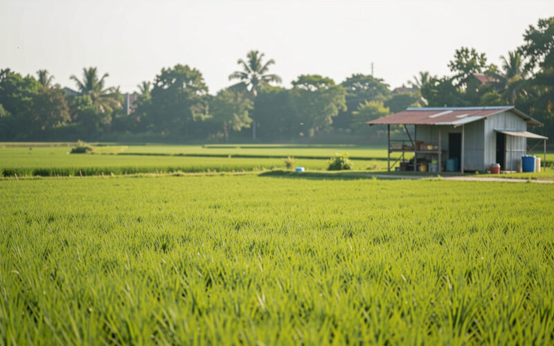 Green paddy fields with a small food processing shed and storage building nearby.