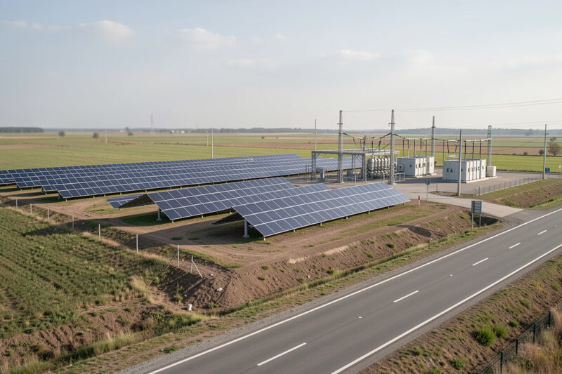 Rows of ground mounted solar panels and an electrical substation beside a road.
