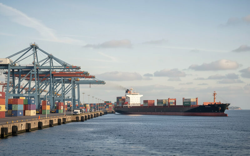 Cargo port with cranes containers and a bulk carrier anchored near the jetty.