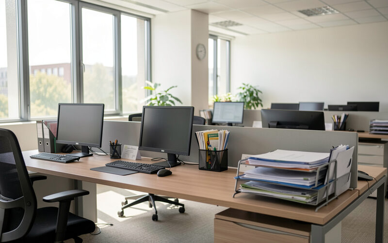 Modern office interior with desks computers and files in soft daylight.